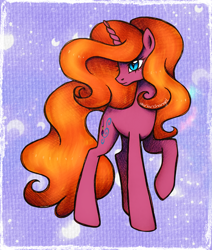 Size: 2391x2822 | Tagged: safe, artist:dariarchangel, oc, oc only, oc:dazha, pony, unicorn, g4, abstract background, alternate body style, alternate design, alternate universe, blue eyes, female, female oc, horn, long hair, long legs, long mane, long tail, mare, mare oc, nightmarified, orange hair, orange mane, orange tail, passepartout, pink coat, pony oc, raised hoof, slender, solo, standing, standing on three hooves, tail, tall, thin, traditional art, unamused, unicorn horn, unicorn oc, wavy hair, wavy mane, wavy tail