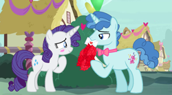 Size: 1201x662 | Tagged: safe, artist:enneira20, artist:moonlightthegriffon, party favor, rarity, pony, unicorn, g4, base used, blushing, bowtie, fake screencap, female, flower, hearts and hooves day, holiday, horn, letter, love letter, male, ponyville, rarifavor, shipping, straight, valentine's day, valentine's day 2025