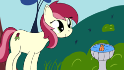 Size: 1920x1080 | Tagged: safe, artist:cocacola1012, roseluck, bird, earth pony, pony, g4, bird bath, female, mare, outdoors, smiling