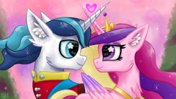 Size: 2000x1125 | Tagged: safe, artist:sunamoonmlp, derpibooru exclusive, princess cadance, shining armor, alicorn, pony, unicorn, g4, accessory, chest fluff, clothes, costume, crown, cute, ear fluff, eyelashes, eyeshadow, female, hearts and hooves day, holiday, horn, jewelry, love, magic, makeup, male, mare, peytral, regalia, smiling, stallion, valentine's day, wings