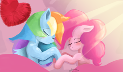 Size: 1647x968 | Tagged: safe, artist:tazool, pinkie pie, rainbow dash, earth pony, pegasus, pony, my little pony: pinkie pie's sleepover, g4, blanket, duo, eyes closed, female, heart, holding hooves, holiday, lesbian, light rays, pillow, scene interpretation, ship:pinkiedash, shipping, sleeping, valentine's day, valentine's day 2025