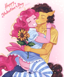 Size: 1754x2100 | Tagged: safe, artist:urvile, cheese sandwich, pinkie pie, earth pony, anthro, g4, balloonbutt, breasts, butt, clothes, duo, duo male and female, female, flower, male, socks, striped socks, thigh highs, valentine's day 2025