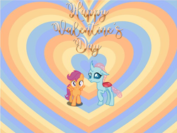 Size: 960x722 | Tagged: artist needed, safe, anonymous artist, artist:dashiesparkle, artist:sketchmcreations, ocellus, scootaloo, changeling, pegasus, pony, g4, cute, cutealoo, diaocelles, duo, female, filly, foal, grin, heart, heart background, hearts and hooves day, holiday, lesbian, looking at each other, looking at someone, ship:scootacellus, shipping, smiling, smiling at each other, song in the description, spread wings, valentine's day, valentine's day picture, wings