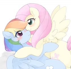 Size: 1575x1530 | Tagged: safe, artist:kuyukuro___o, fluttershy, rainbow dash, pegasus, pony, g4, blushing, duo, female, hug, lesbian, looking into each others eyes, lying down, on back, ship:flutterdash, shipping, smiling, spread wings, wings