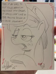 Size: 1536x2048 | Tagged: safe, artist:andy price, applejack, earth pony, pony, g4, applejack's hat, countryisms, cowboy hat, female, freckles, hat, insult, mare, speech bubble, traditional art