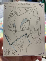 Size: 1536x2048 | Tagged: safe, artist:andy price, rarity, pony, unicorn, g4, female, horn, mare, solo, speech bubble, traditional art