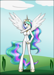 Size: 2828x3920 | Tagged: safe, artist:rosvo, princess celestia, alicorn, anthro, unguligrade anthro, g4, arm hooves, bodysuit, breasts, busty princess celestia, clothes, commission, costume, female, high res, latex, latex suit, pony costume, ponysuit, skinny, solo, spread wings, thin, wings