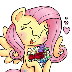 Size: 2000x2000 | Tagged: safe, artist:shychamomile, fluttershy, pegasus, pony, g4, bouquet, eyes closed, flower, heart, holiday, rose, simple background, solo, valentine's day, valentine's day 2025, white background