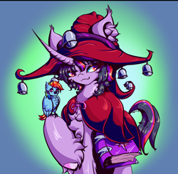 Size: 2787x2730 | Tagged: safe, artist:umbrapone, rainbow dash, twilight sparkle, bird, owl, pegasus, unicorn, fanfic:a witch in broad daylight, g4, :/, :3, bell, belt, book, chest fluff, cloak, clothes, duo, ear fluff, familiar, hat, hooves, horn, implied transformation, post-transformation, spellbook, transformation, unicorn twilight, unshorn fetlocks, witch, witch hat