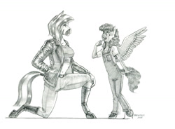 Size: 1500x1101 | Tagged: safe, oc, oc only, pegasus, zebra, anthro, unguligrade anthro, belly, belly button, belt, belt buckle, child, clothes, female, hoof boots, jacket, leather, leather jacket, looking at each other, looking at someone, midriff, monochrome, open mouth, open smile, overalls, pencil drawing, simple background, smiling, smiling at each other, story included, tail, tail wrap, traditional art, white background