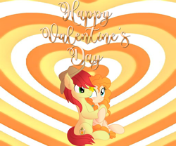 Size: 960x800 | Tagged: artist needed, safe, anonymous artist, artist:cyanlightning, bright mac, pear butter, earth pony, pony, g4, blushing, cute, duo, female, hat, heart, heart background, hearts and hooves day, holiday, hug, hug from behind, looking at each other, looking at someone, male, mare, pearabetes, ship:brightbutter, shipping, smiling, smiling at each other, song in the description, stallion, straight, valentine's day, valentine's day picture