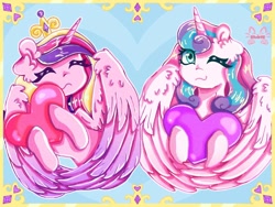 Size: 1024x768 | Tagged: safe, artist:niveria25, princess cadance, princess flurry heart, alicorn, pony, g4, adult flurry heart, duo, duo female, eyes closed, female, heart, heart pillow, hearts and hooves day, holiday, hug, looking at you, mare, mother and child, mother and daughter, older, one eye closed, pillow, pillow hug, valentine's day, valentine's day 2025, wink, winking at you