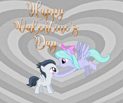 Size: 958x799 | Tagged: artist needed, safe, anonymous artist, artist:rozyfly10, flitter, rumble, pegasus, pony, g4, blushing, bow, colt, cute, daaaaaaaaaaaw, duo, duo male and female, female, flitterbetes, flying, foal, hair bow, heart, heart background, hearts and hooves day, holiday, hooves on cheeks, looking at each other, looking at someone, male, mare, rumblebetes, ship:flitterumble, shipping, smiling, smiling at each other, song in the description, spread wings, squishy cheeks, straight, straight shota, valentine's day, valentine's day 2025, valentine's day picture, wholesome, wings