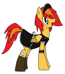 Size: 619x706 | Tagged: safe, oc, oc:wildfire, pegasus, pony, clothes, futa, futa oc, intersex, maid, maid headdress, pegasus oc, stockings, thigh highs