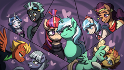 Size: 1920x1088 | Tagged: safe, artist:bkiltersot, coco pommel, fancypants, limestone pie, lyra heartstrings, moondancer, saffron masala, short fuse, sunburst, thunderlane, zephyr breeze, fanfic:trial of harmony, g4, blushing, cocomasala, eyes closed, fancylane, female, gay, glasses, kissing, lesbian, lyradancer, male, nuzzling, ship:limefuse, ship:zephyrburst, shipping, straight