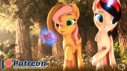 Size: 960x540 | Tagged: safe, artist:marshmallow-pone, oc, oc:timber, oc:vani, 3d, blushing, embarrassed, hearts & hooves day, levitation, magic, outdoors, raised hoof, source filmmaker, telekinesis