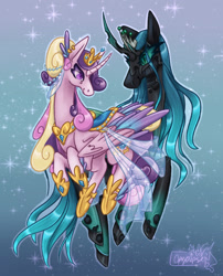 Size: 1619x2000 | Tagged: safe, artist:cpyclopse, princess cadance, queen chrysalis, alicorn, changeling, pony, g4, duo, duo female, female, gradient background, hearts and hooves day, holiday, infidelity, lesbian, ship:cadalis, shipping, valentine's day, valentine's day 2025