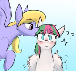 Size: 1054x984 | Tagged: safe, artist:sleepyhoers, blossomforth, cloud kicker, pegasus, pony, g4, blushing, duo, duo female, ear blush, female, flying, freckles, gradient background, lesbian, mare, question mark, ruffled feathers, ship:cloudforth, shipping, smiling, wings