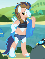 Size: 960x1268 | Tagged: safe, artist:anonymous, soarin', human, pegasus, pony, g4, /ptfg/, bipedal, braid, clothes, dressing, female to male, human to pony, offscreen character, outdoors, rule 63, show accurate, transformation, transgender transformation, uniform, water, wonderbolts uniform