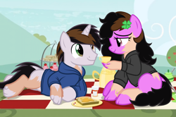 Size: 1480x985 | Tagged: safe, artist:anonymous, oc, oc only, oc:cautionary tale, oc:doomy gloom, earth pony, human, pony, unicorn, /ptfg/, clothes, clover, cup, duo, female, four leaf clover, hoodie, horn, human to pony, looking at each other, looking at someone, lying down, male, picnic, prone, show accurate, sitting, smiling, straight, teacup, transformation