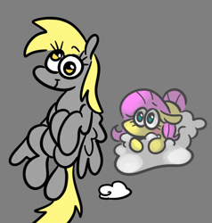 Size: 1110x1166 | Tagged: safe, artist:smirk, derpy hooves, fluttershy, g4, blushing, cloud, duo, flying, gray background, simple background