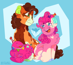 Size: 1600x1423 | Tagged: safe, artist:glitterstar2000, cheese sandwich, pinkie pie, earth pony, pony, g4, alternate design, candy, candy in hair, coat markings, colored hooves, colored pinnae, colored pupils, deviantart watermark, duo, duo male and female, female, fetlock tuft, food, heart, heart eyes, hooves, looking at each other, looking at someone, male, mare, obtrusive watermark, open mouth, open smile, ship:cheesepie, shipping, smiling, smiling at each other, sprinkles in mane, stallion, straight, watermark, wingding eyes