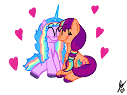 Size: 2160x1620 | Tagged: safe, artist:jesslmc16, izzy moonbow, sunny starscout, earth pony, pony, unicorn, g5, blushing, cute, duo, duo female, eyes closed, female, heart, hearts and hooves day, holiday, horn, izzy rainbow, izzybetes, lesbian, mane stripe sunny, ship:moonscout, shipping, simple background, sitting, smiling, smiling at each other, sunnybetes, valentine's day, valentine's day 2025, white background