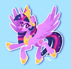 Size: 1872x1826 | Tagged: safe, artist:squididdlee, twilight sparkle, alicorn, pony, g4, blue background, cyan background, female, flying, hoof shoes, jewelry, mare, open mouth, open smile, peytral, simple background, slender, smiling, solo, thin, tiara, twilight sparkle (alicorn)