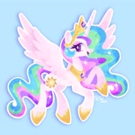 Size: 2162x2165 | Tagged: safe, artist:squididdlee, princess celestia, alicorn, pony, g4, blue background, cyan background, female, flying, hoof shoes, jewelry, mare, open mouth, open smile, peytral, simple background, smiling, solo, tiara