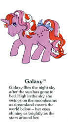 Size: 550x1000 | Tagged: safe, galaxy (g1), pony, twinkle eyed pony, unicorn, g1, my little pony fact file, official, bow, closed mouth, cute, female, g1 backstory, galaxydorable, horn, mare, raised hoof, smiling, solo, tail, tail bow, text, trademark