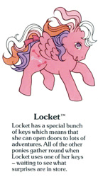 Size: 550x1000 | Tagged: safe, locket (g1), pegasus, pony, twinkle eyed pony, g1, my little pony fact file, official, bow, cute, female, flying, g1 backstory, locketbetes, mare, open mouth, open smile, smiling, solo, tail, tail bow, trademark