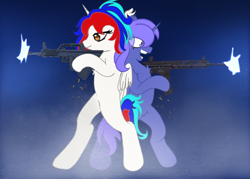 Size: 626x449 | Tagged: safe, oc, oc only, alicorn, pony, bipedal, duo, gun, weapon