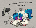 Size: 1511x1195 | Tagged: safe, artist:reddthebat, dj pon-3, octavia melody, vinyl scratch, earth pony, pony, unicorn, g4, alcohol, beer, beer can, blushing, drink, drunk, drunk bubbles, duo, duo female, emanata, female, floppy ears, freckles, hearts and hooves day, horn, lesbian, mare, ship:scratchtavia, shipping, signature, unshorn fetlocks