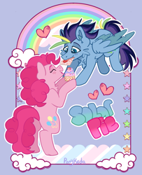 Size: 3000x3686 | Tagged: safe, artist:ponykeda, pinkie pie, oc, oc:solar showers, earth pony, pegasus, pony, g4, blushing, canon x oc, couple, cupcake, cute, duo, duo female, female, food, hearts and hooves day, holiday, lesbian, letter, love letter, mare, ship:solarpie, shipping, simple background, valentine's day