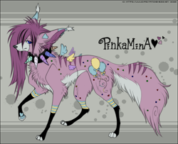 Size: 800x650 | Tagged: safe, artist:expectationemesis, pinkie pie, oc, oc only, oc:pinkamina, dog, wolf, fanfic:cupcakes, g4, abstract background, choker, collar, confetti, dogified, ear tufts, feral, floating wings, full body, heart, horn, horn necklace, long hair, necklace, pink fur, pinkamena diane pie, raised leg, scene hair, smiling, solo, sparkledog, species swap, spiked choker, spiky hair, stitched body, stitches, stripes, wings