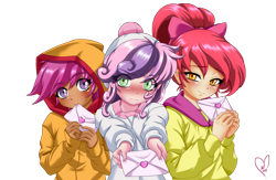 Size: 3000x1956 | Tagged: safe, alternate version, artist:mauroz, apple bloom, scootaloo, sweetie belle, human, g4, alternate hairstyle, blushing, cutie mark crusaders, holiday, humanized, letter, looking at you, love letter, simple background, transparent background, valentine's day, valentine's day 2025