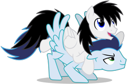 Size: 5729x3797 | Tagged: safe, artist:creedyboy124, soarin', oc, oc:shane park, pegasus, pony, g4, canon x oc, duo, duo male, gay, male, pegasus oc, riding, riding a pony, shipping, simple background, spread wings, stallion, stallion oc, transparent background, wings