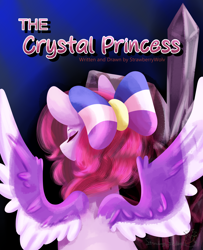 Size: 3000x3700 | Tagged: safe, artist:strawberrywolv, oc, oc only, oc:breezy belle, pegasus, comic:the crystal princess, bow, comic, comic cover, cover, cover art, crystal, eyes closed, hair bow, solo, spread wings, wings