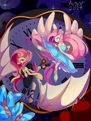 Size: 3072x4096 | Tagged: safe, artist:mrabrickwall, fluttershy, bat pony, pegasus, semi-anthro, g4, apple, bat ponified, clock, clothes, dress, duality, flutterbat, food, high res, race swap, ribs