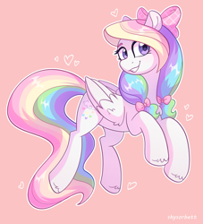 Size: 2021x2224 | Tagged: safe, artist:skysorbett, oc, oc only, oc:rainbow heart, pegasus, pony, abstract background, bow, hair bow, heart, looking at you, multicolored hair, pegasus oc, rainbow hair, smiling, smiling at you, solo, wings