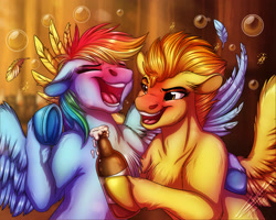 Size: 2500x2000 | Tagged: safe, artist:lupiarts, rainbow dash, spitfire, pegasus, pony, g4, alcohol, bottle, bubble, drink, drunk, drunker dash, duo, duo female, eyes closed, feather, female, frog (hoof), high res, mare, open mouth, open smile, smiling, tipsyfire, underhoof