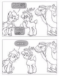 Size: 2700x3454 | Tagged: safe, artist:opalacorn, oc, oc only, deer, pony, reindeer, sphinx, undead, vampire, vampony, 2 panel comic, black and white, buck, comic, dialogue, double entendre, floppy ears, grayscale, implied gay, lineart, male, monochrome, reindeer oc, smiling, speech bubble, sphinx oc, stallion, trio, trio male