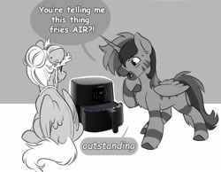 Size: 3582x2776 | Tagged: safe, artist:opalacorn, oc, oc only, oc:silver stream, oc:void, alicorn, pegasus, pony, zebra, zebra alicorn, air fryer, black and white, dialogue, duo, duo male and female, female, grayscale, horn, laurel wreath, male, mare, meme, monochrome, open mouth, speech bubble, stallion, wings, zebra oc