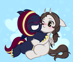 Size: 2974x2507 | Tagged: safe, artist:maf, oc, oc only, oc:draconis taaldis, oc:nightingale ode, bat pony, dragon, bat pony oc, clothes, dragon oc, female, horn, indoors, male, non-pony oc, scarf, simple background, smiling