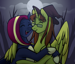 Size: 7300x6200 | Tagged: safe, artist:imgonnawhipuintoshape, oc, oc only, oc:alalina_rein, oc:nightingale ode, alicorn, bat pony, dragon, alicorn oc, bat pony oc, clothes, female, hat, horn, smiling, wings, witch hat