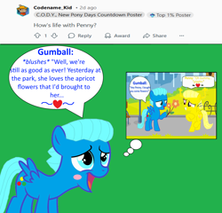 Size: 2606x2500 | Tagged: safe, artist:memeartboi, pegasus, pony, g4, answer, answering, ask, blushing, colt, cute, discussion, fascinated, flower, foal, fourth wall, green background, green screen, gumball watterson, happy, heart, looking at you, male, open mouth, pegasus wings, penny fitzgerald, pondering, ponified, q&a, question, reddit, reflection, simple background, solo, speech bubble, spread wings, standing, talking, talking to viewer, text, the amazing world of gumball, thinking, wings