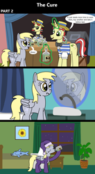 Size: 1920x3516 | Tagged: safe, artist:platinumdrop, derpy hooves, flam, flim, dolphin, pegasus, pony, comic:the cure, g4, leap of faith, my little pony: friendship is magic, 3 panel comic, bathroom, bedroom, bottle, brothers, clothes, comic, commission, curtains, derp, dialogue, drink, drinking, eyes closed, female, flim flam brothers, flim flam miracle curative, flower, folded wings, furniture, glowing, glowing horn, hat, hopeful, horn, magic, male, mare, mirror, nightcap, nightstand, pajamas, picture frame, plant, plushie, potted plant, scrunchy face, siblings, sink, smiling, smug, speech bubble, stallion, sunflower, telekinesis, tonic, toy, wings