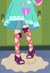 Size: 649x937 | Tagged: safe, sour sweet, human, equestria girls, g4, boho dress, caption, hallway, image macro, laced sandals, sandals, solo, sticky, stuck, text