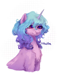 Size: 898x1118 | Tagged: safe, izzy moonbow, pony, unicorn, g5, spoiler:g5, author:veelka, blue mane, curly mane, female, horn, mare, pink eyes, pink fur, purple fur, purple mane, simple background, smiling, white background