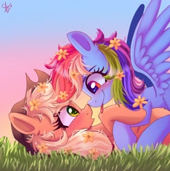 Size: 1780x1792 | Tagged: safe, artist:galaxy swirl, applejack, rainbow dash, earth pony, pegasus, pony, g4, blushing, female, flower, flower in hair, lesbian, looking at each other, looking at someone, mare, outdoors, ship:appledash, shipping